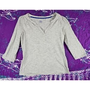 Boden Womens The Cotton Notch Tee Black White stripe 3/4 Sleeve V-Neck Shirt XS